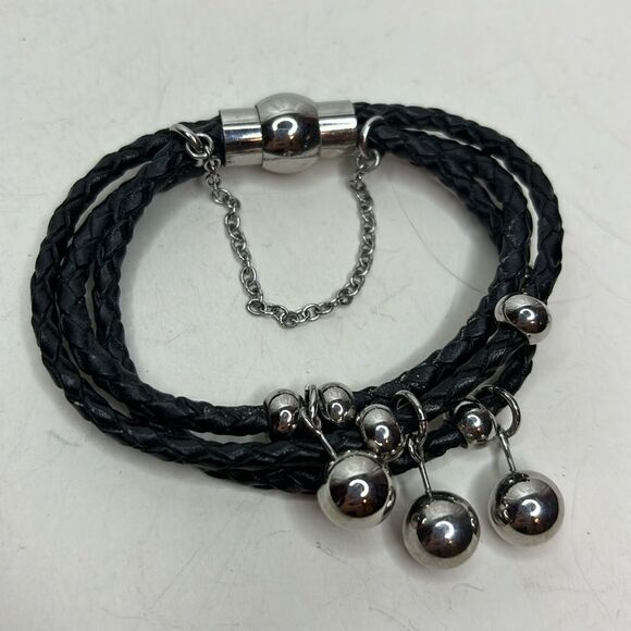 Multi strand braided leather cord bracelet metallic dangles magnetic clasp - Picture 1 of 5